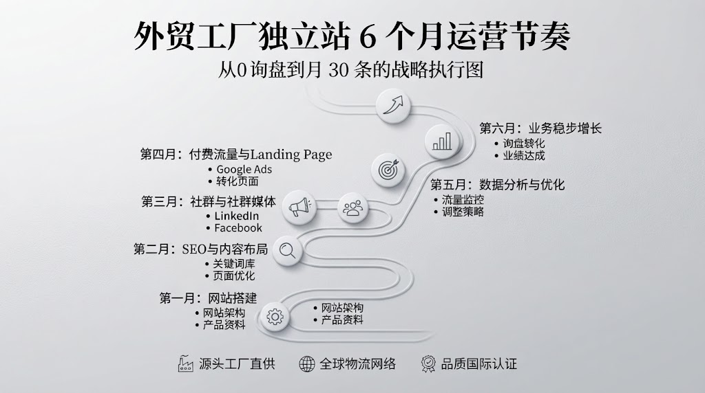 制造业外贸独立站：从 0 询盘到月 30 条的 6 个月节奏