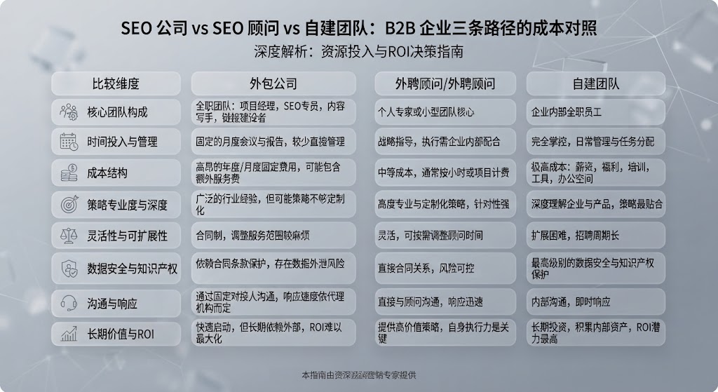SEO 公司 vs SEO 顾问 vs 自建团队：B2B 企业三条路径的成本对照