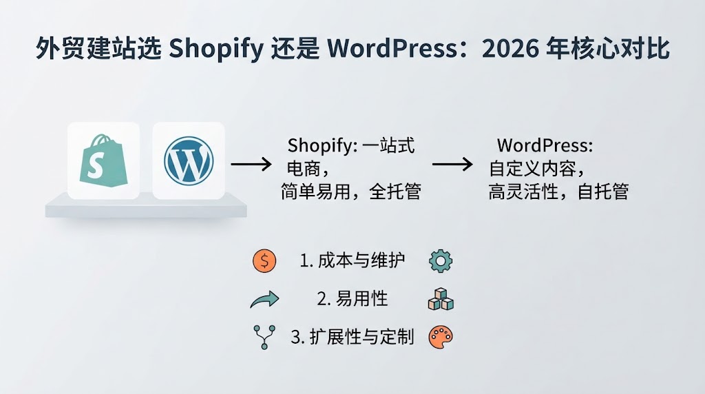 外贸建站选 Shopify 还是 WordPress：2026 年 13 项对比与决策路径