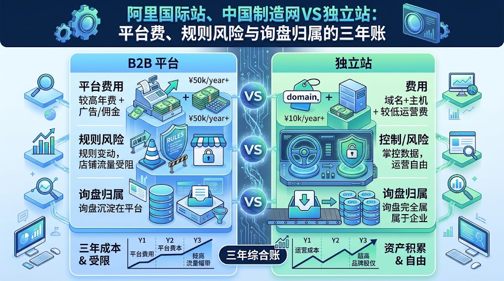 阿里国际站、中国制造网 vs 独立站：平台费、规则风险与询盘归属的三年账